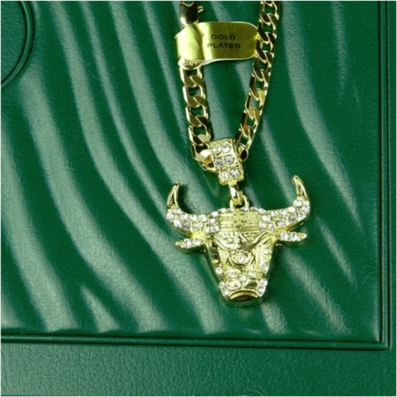 Mens "Alex" 14k Gold Plated Iced Out Bull Necklace - Picture 2 of 4